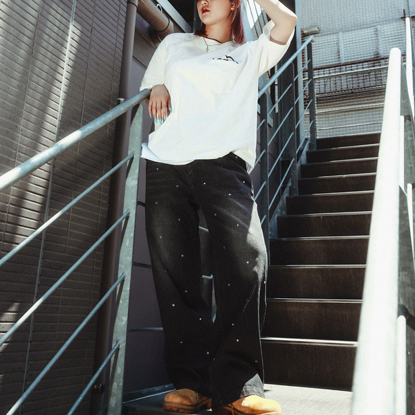RHINESTONE DENIM BAGGY PANTS 詳細画像 Black 9